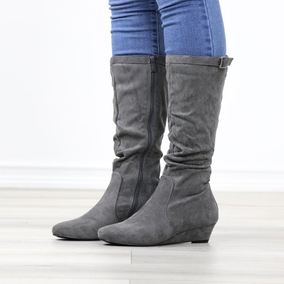 Grey Faux Suede Round Toe Low Kitten Wedge Heel Mid Calf Boots - Picture 12 of 12